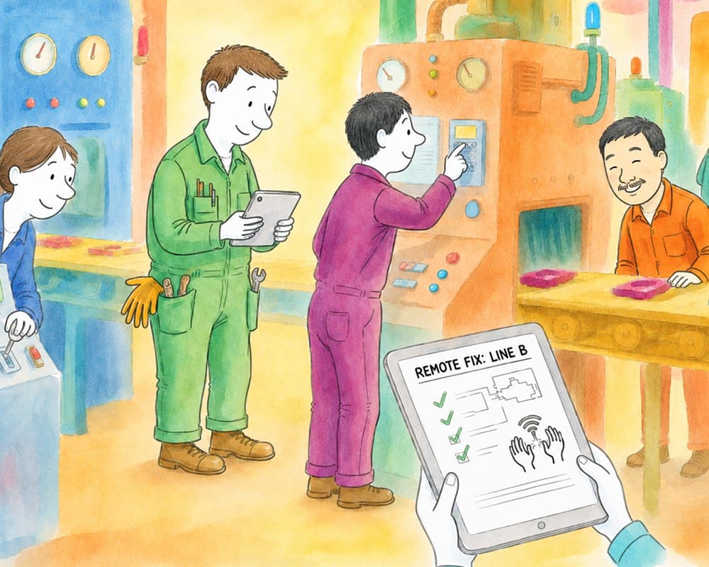Watercolour illustration of technicians reviewing readings on a factory floor