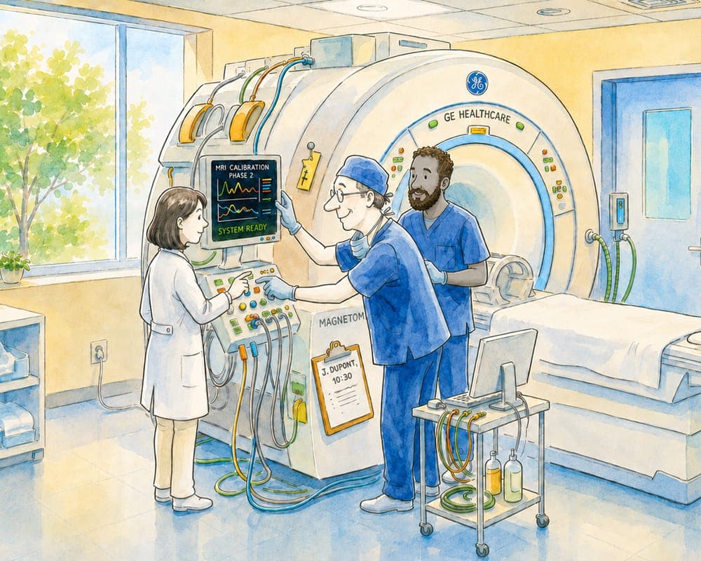 Watercolour illustration of clinicians operating an MRI scanner