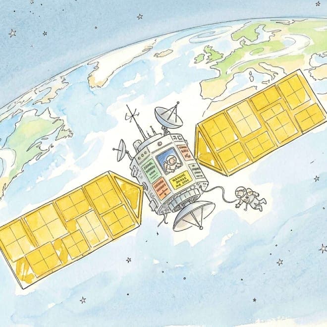 Watercolour illustration of a satellite orbiting above Europe