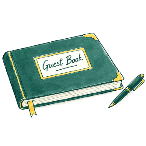 Watercolour illustration of a dark green guest book lying open-cornered beside a pen