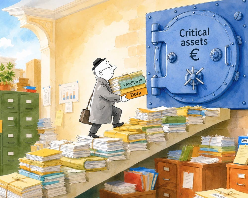 Watercolour illustration of a bank vault beside stacked archive records