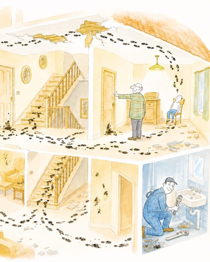 Watercolour cutaway of a house with a trail of muddy footprints running through every room while a plumber works in one of them
