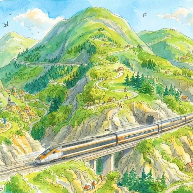 Watercolour illustration of a high-speed train crossing a viaduct through green alpine mountains