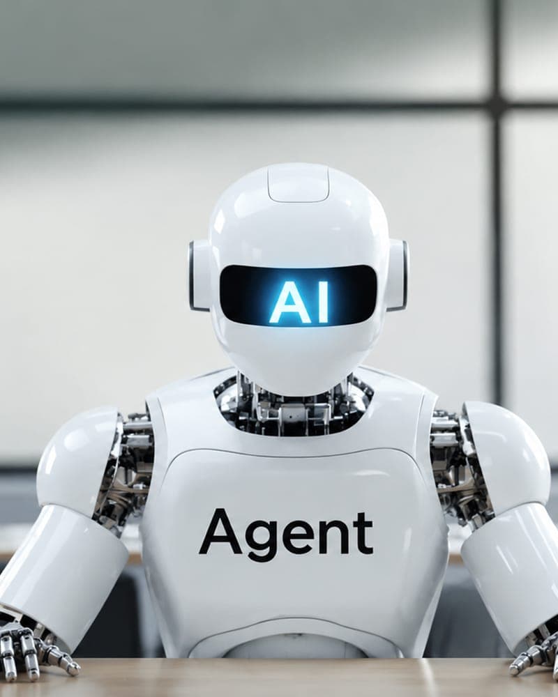 A white humanoid robot with 'AI' shown on its visor and 'Agent' on its chest, seated at a table