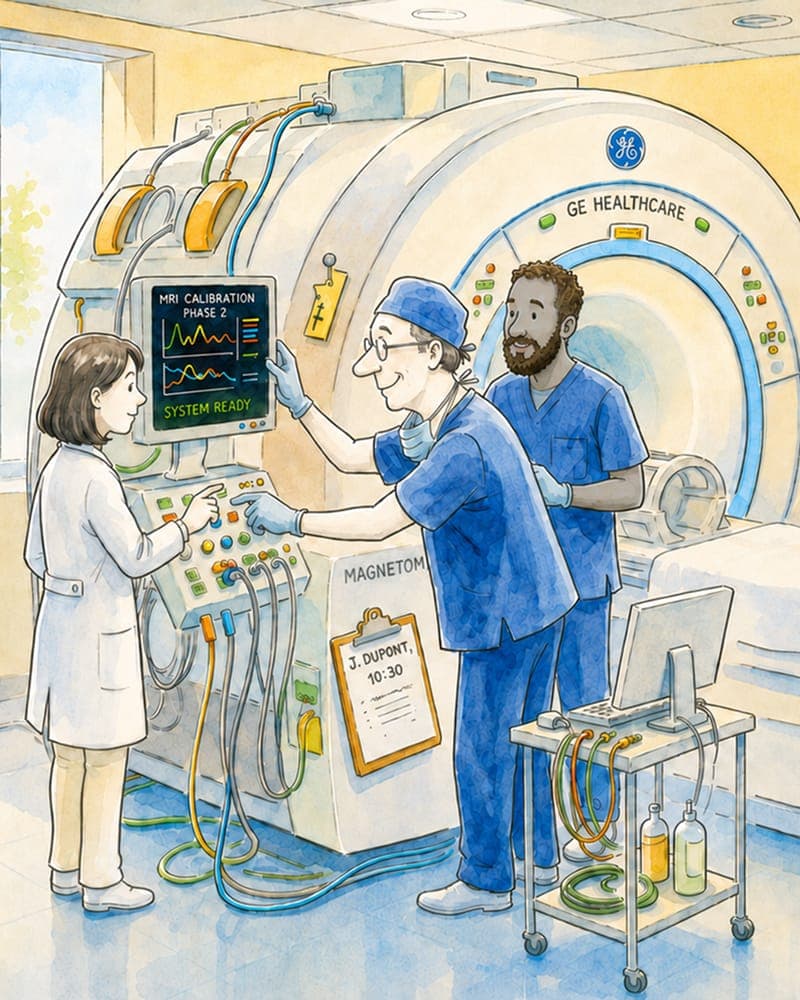 Watercolour illustration of three clinicians calibrating an MRI scanner, one reaching across to a console reading “System ready”