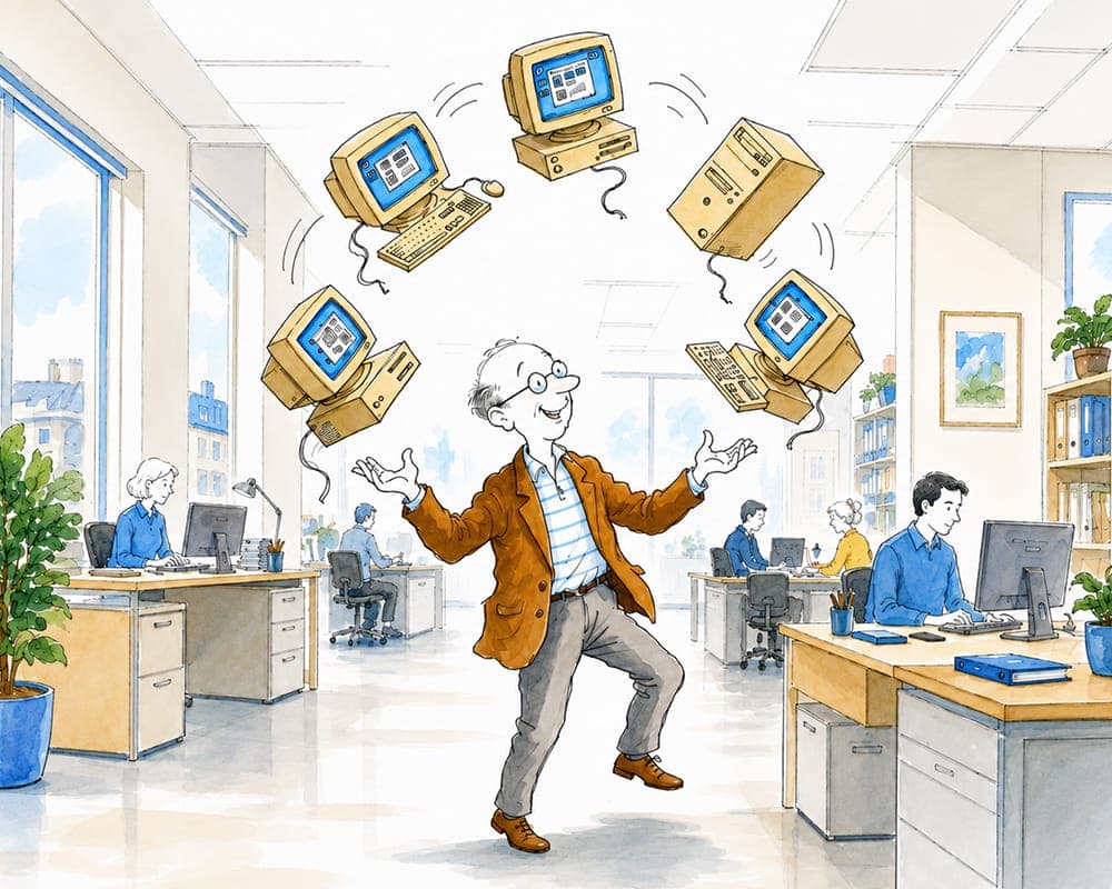 Watercolour illustration of a managed-service analyst juggling tasks in a busy office
