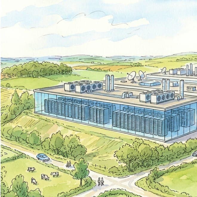 Watercolour illustration of a CyberElements data centre in the European countryside