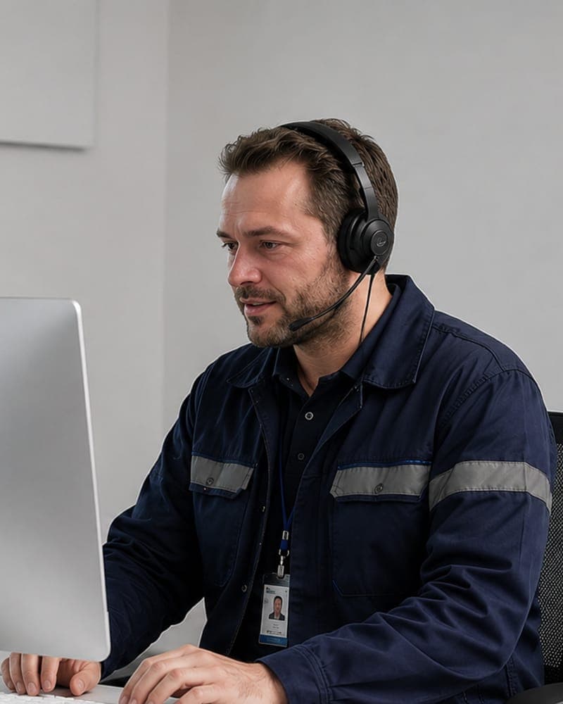 Worker in a navy uniform with a headset and ID badge, focused on a desktop monitor